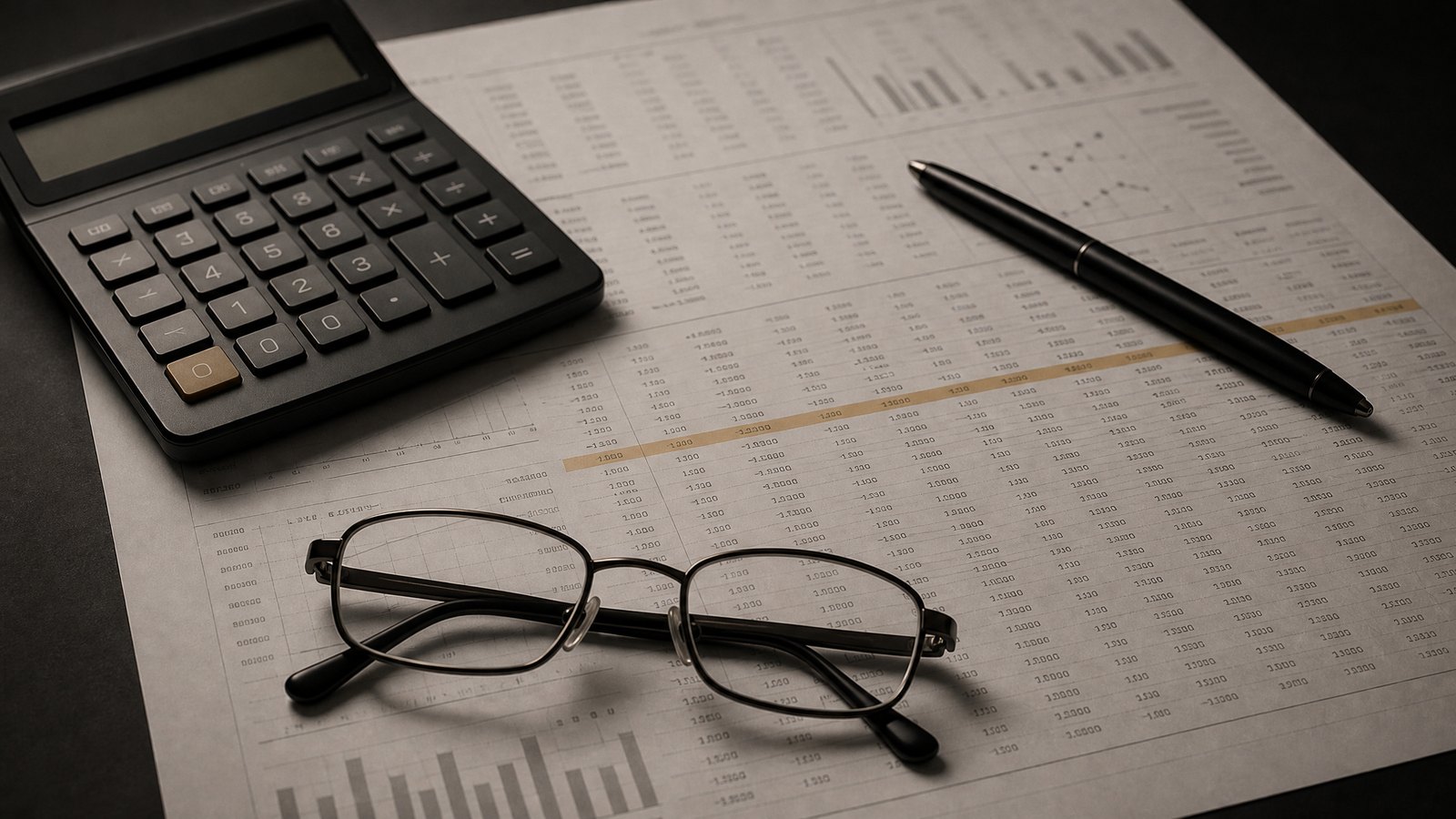 Una calculadora, anteojos y una lapicera sobre una planilla de números.