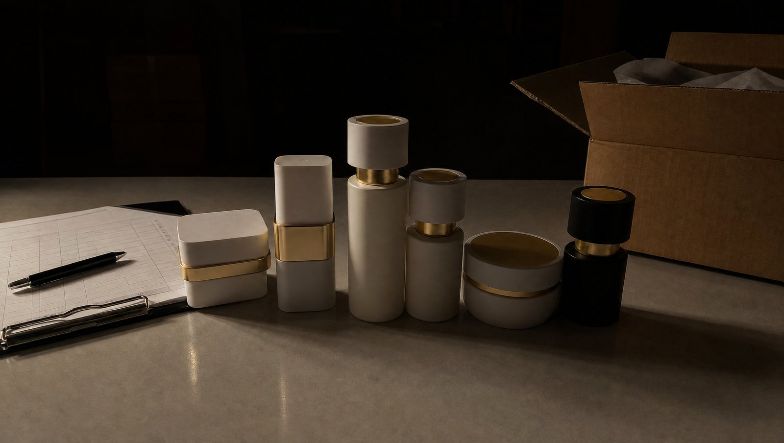 Muestras de envases del proveedor sobre la mesa, con el checklist al lado.